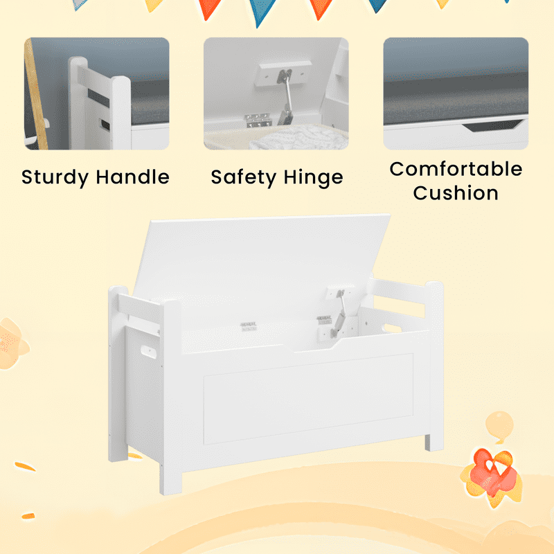 Gundir Kids Toy Storage Chest Bench with Cushioned Seat, 35" White Wooden Toy Box with Safety Hinged Lid, Large Capacity Organizer for Nursery Playroom Bedroom