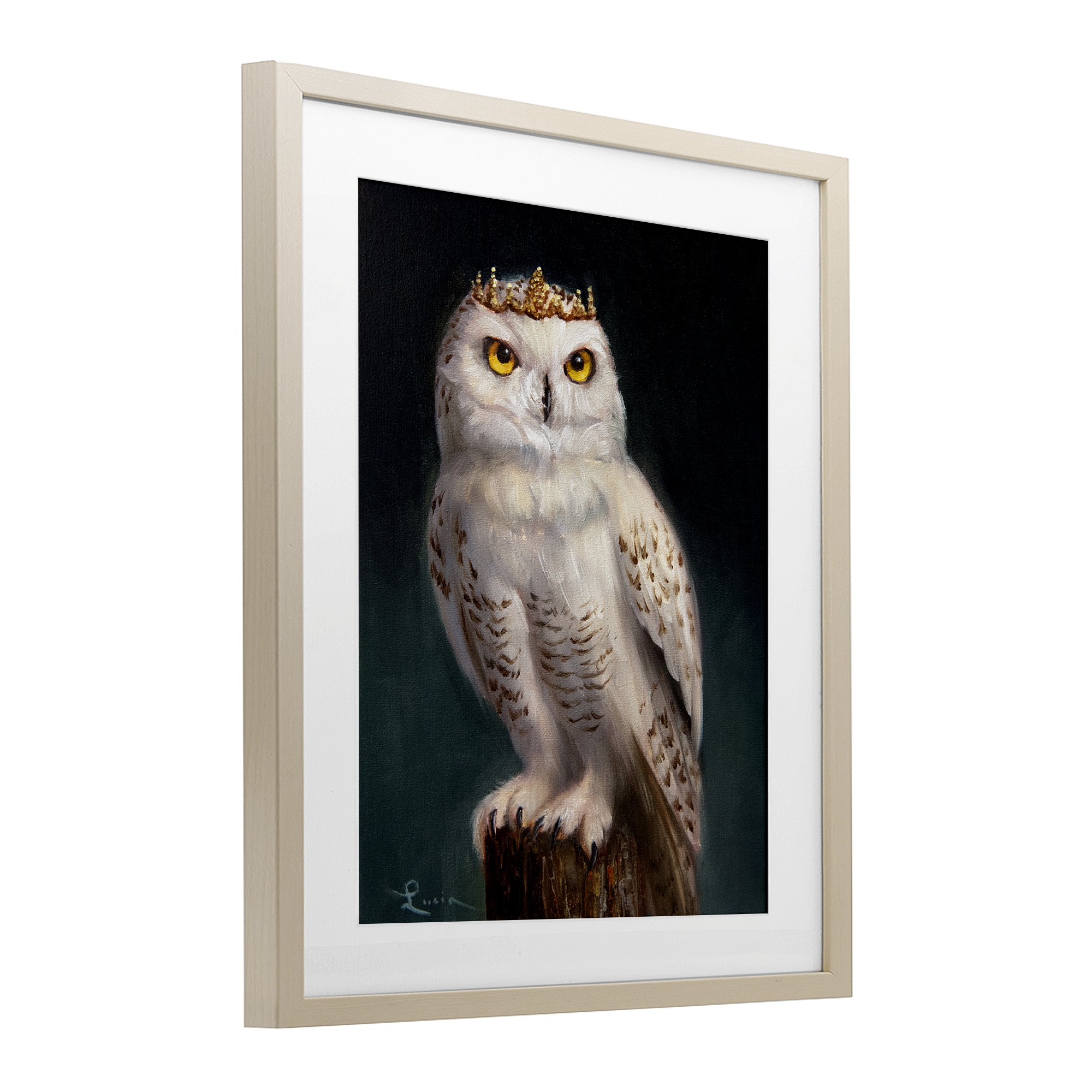 Snowy Owl King Birch Framed Print Under Glass, design by Lucia Heffernan