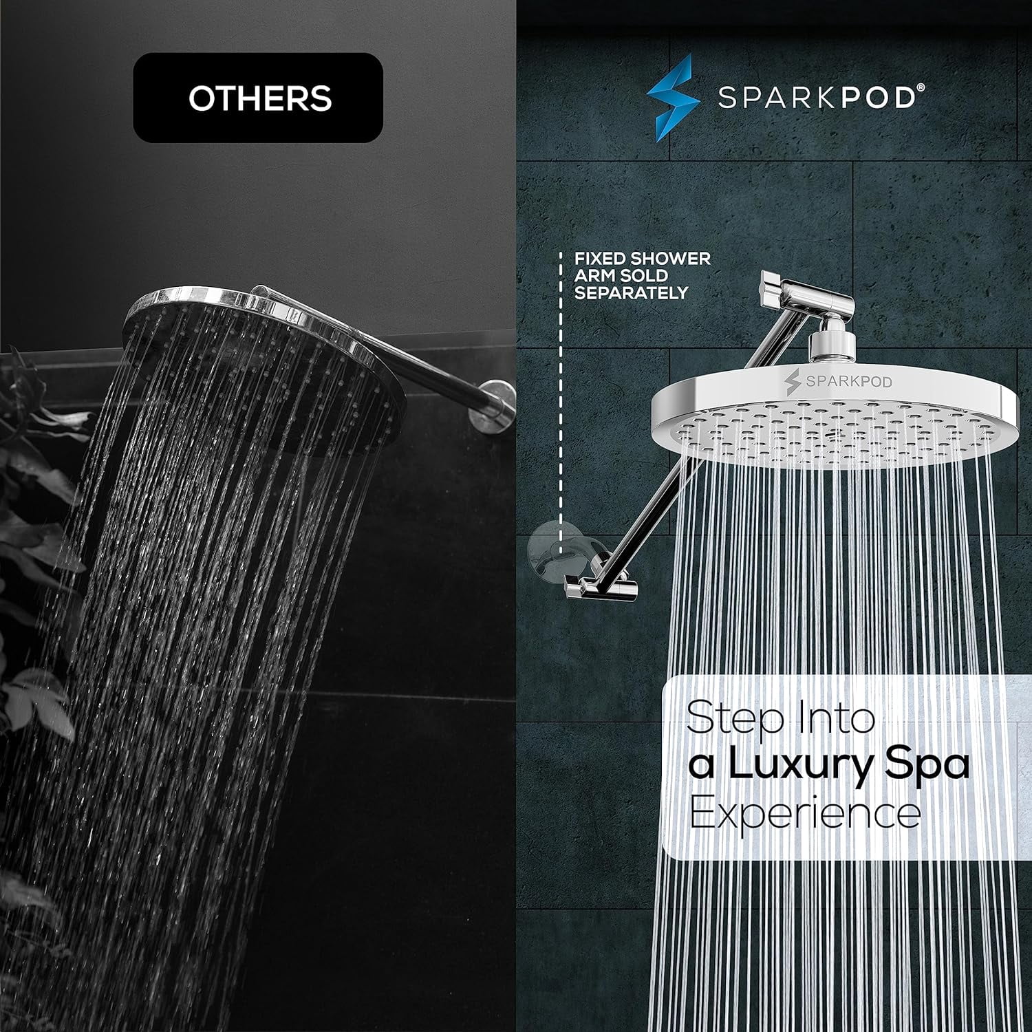 SparkPod Rain Shower Head with Adjustable Extension Arm 16" - High Pressure, Easy Install (8" inch Shower head, Chrome)