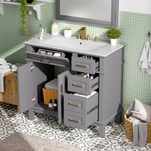 36" Gray Modern Bathroom Vanity with Ceramic Sink with 4 Storage Drawers cabinet doors