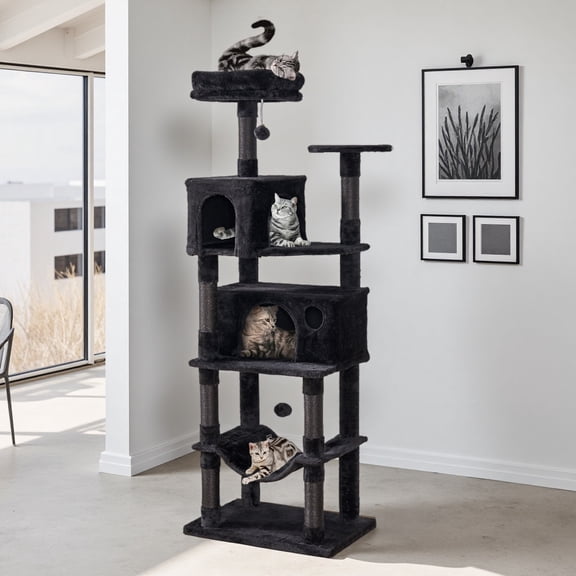 Senbonry 67in Heavy Duty Cat Tree for Indoor Cats Large Adult,Tall Cat Climbing Tower with Hammock,Sisal Scratching Post,Basket,Removable Perch,Condo,Black