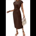 thumbnail image 1 of Vestido de Verano para Mujer, con Cuello Redondo, Informal, Elegante, con Lazo en la Cintura y Corta. Café S, 1 of 9