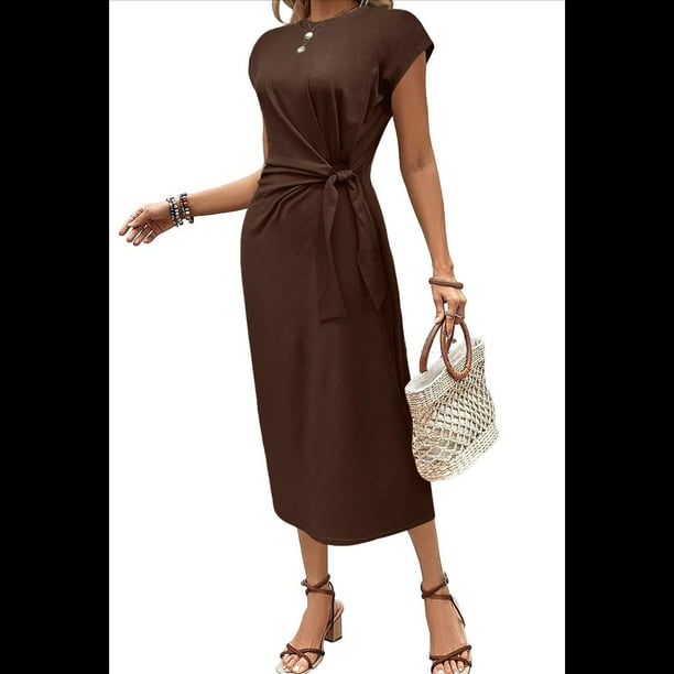 Vestido de Verano para Mujer, con Cuello Redondo, Informal, Elegante, con Lazo en la Cintura y Corta. Café S