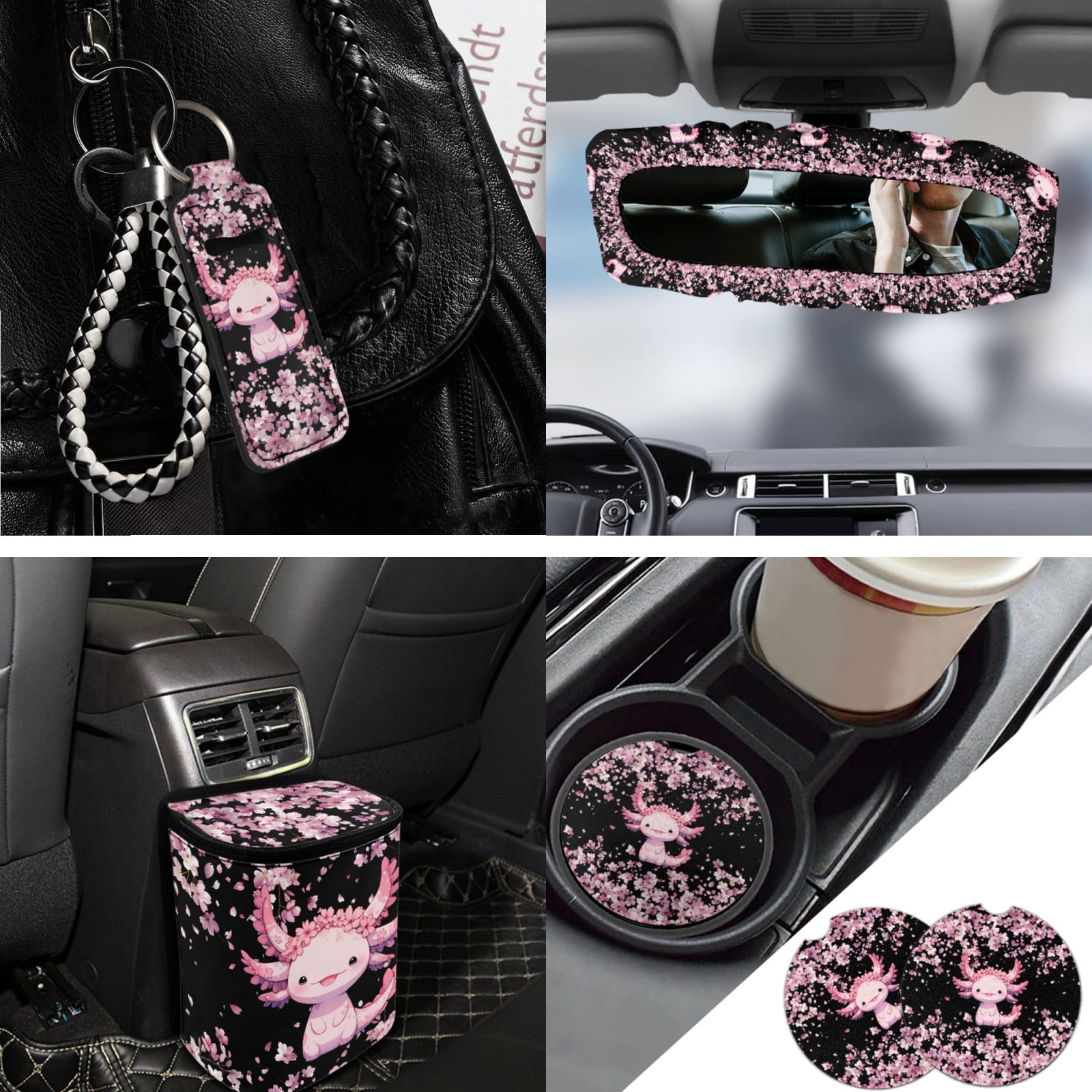Jeiento Axolotl 13 Pcs Interior Automotive Accessory Set with Car Seat Covers Steering Wheel Cover Car Seatbelt Cover Pink Cherry Blossom Trash Can Car Rear View Mirror Cover Coasters Keychains