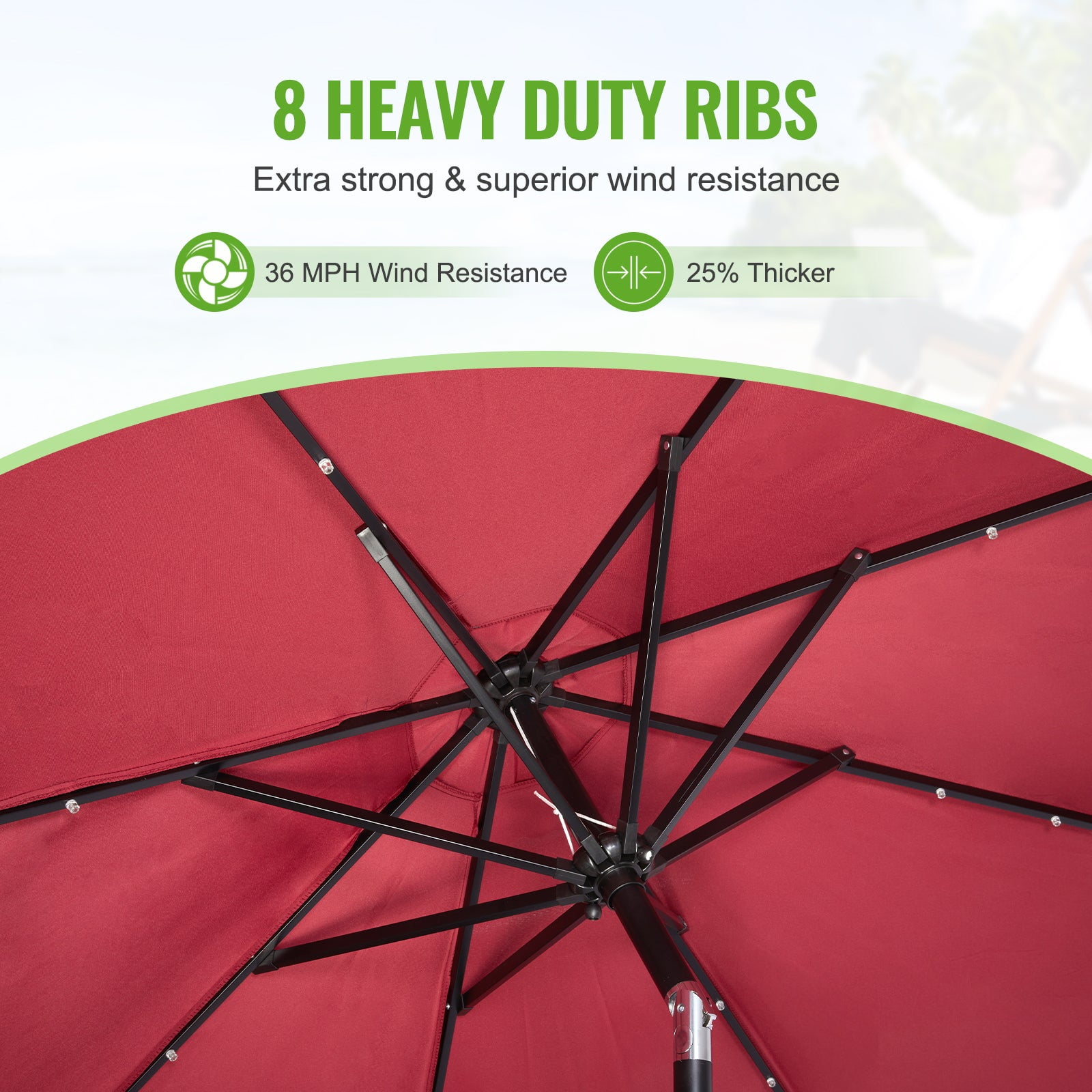 Backyard Expressions 9ft Solar Patio Umbrella with 32 LED Lights – Outdoor Market Umbrella with Tilt & Crank, Solar-Powered Lighting, Water-Resistant Fabric for Patio, Deck, Garden, Pool