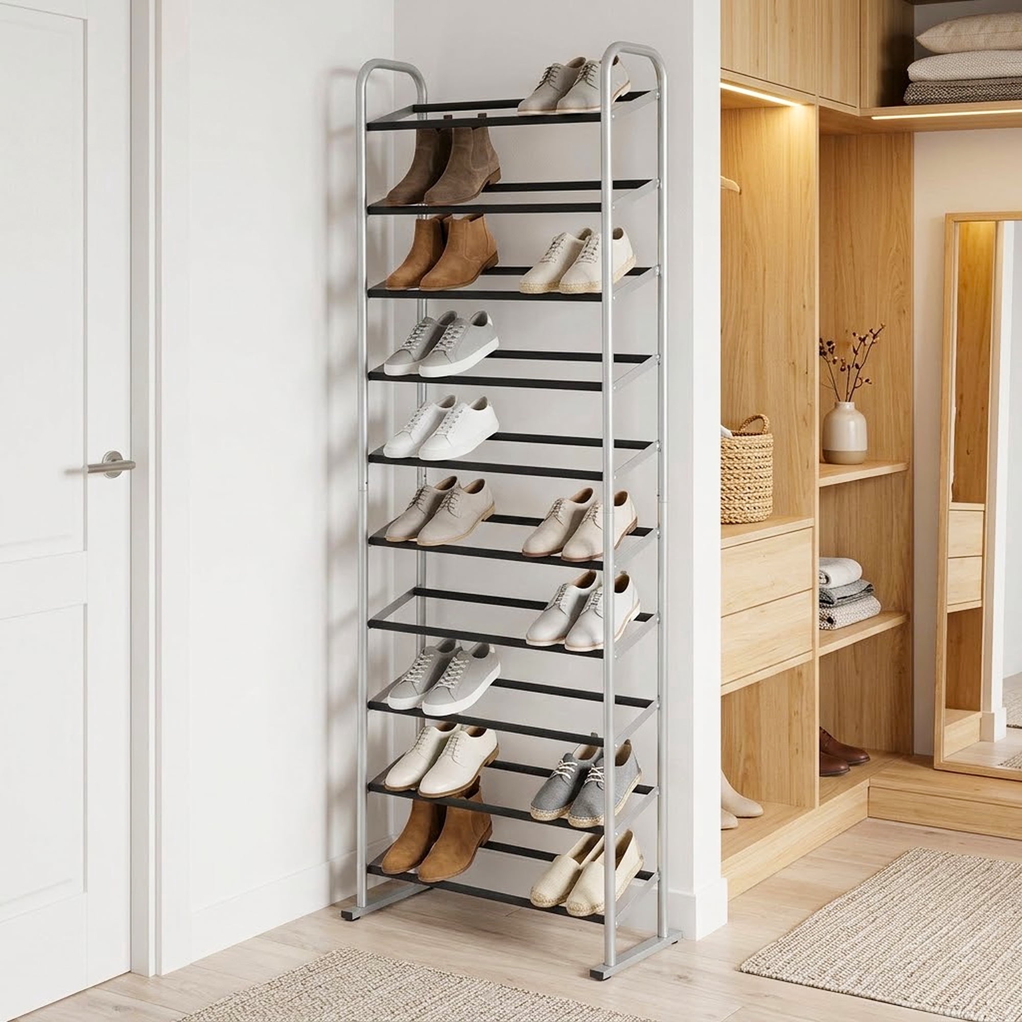 Mainstays 10-Tier Silver & Black Narrow Shoe Rack for Shoe Storage, Holds up to 30 Pairs