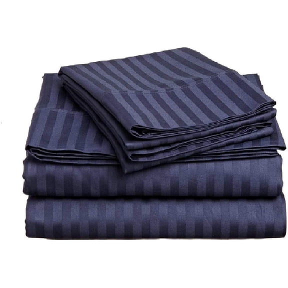 600 Thread Count 100% Egyptian Cotton 4-Piece Bed Sheet Set (1 Flat, 1 Fitted Sheet, 2 Pillow Covers) 24 Inches Deep Pocket Size Full Color Navy Blue Stripe