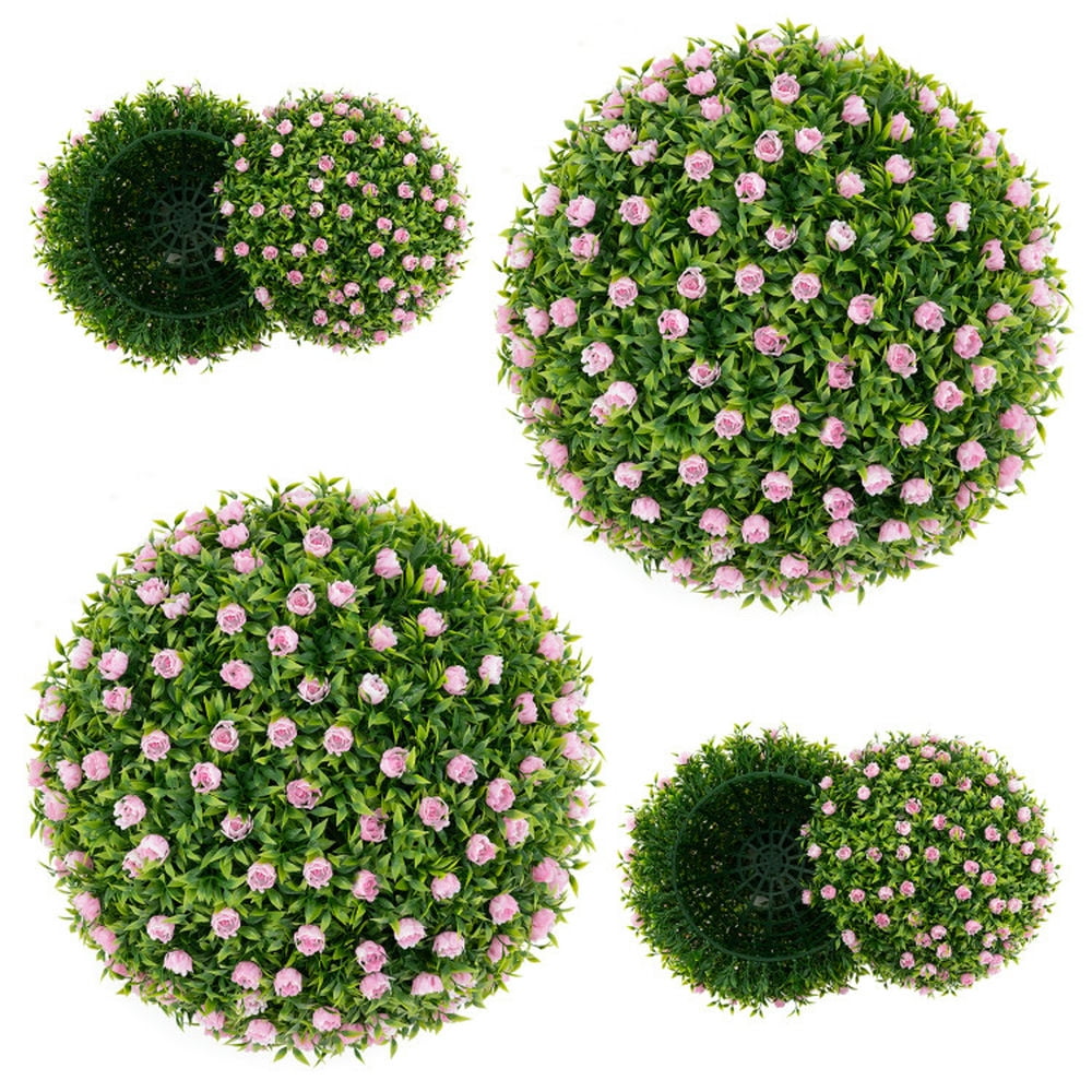 Spaco 2 Pieces Artificial Plant Topiary Balls, 17.5 Inch Faux Decorative Balls with Pink Flowers, Artificial Topiary Balls for Indoor and Outdoor, Green