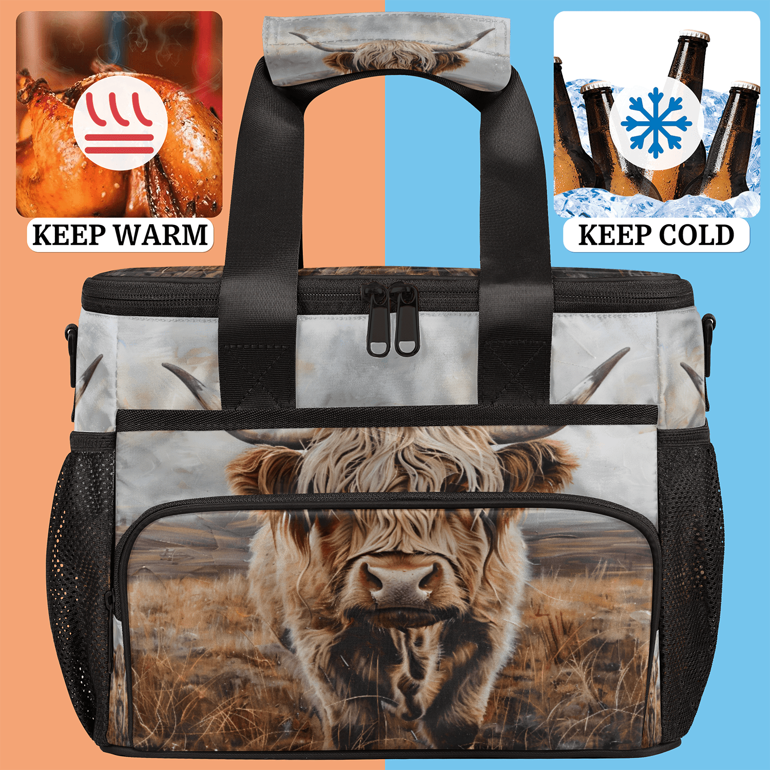 Herdesigns Highland Cow Funny Large Lunch Box for Adults Women Men with Adjustable Shoulder Strap, Insulated Reusable Lunch Bag Leakproof Cooler Tote Bag