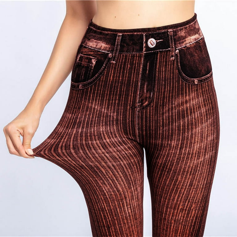 NKOOGH Fleeced Lined Yoga Pants Cotton Shorts for Women Leggings for Women  Elastic Jeans Leggings Thermal Stripe Print Imitation Denim Leggings Tights