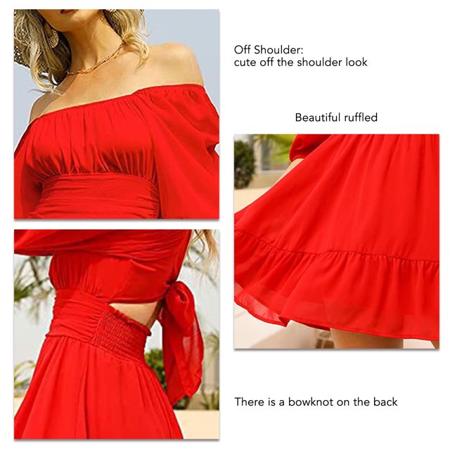 Tie Back Mini Dress, Stretchy Soft Versatile Puff Sleeve Dress Vintage Lightweight For Women For Summer ANGGREK AH2900