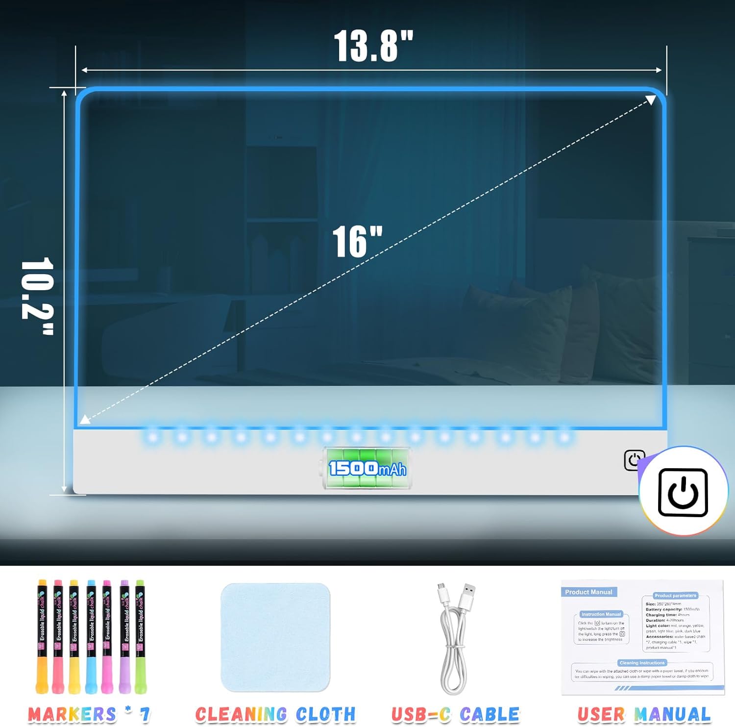 Ywuzuh 16" Led Drawing Board for Ki+ds Rechargeable, Portable Doodle Glow LED Note Board with 7 Colors, Light Up Acrylic Dry Erase Lumi Board with Stand, Christmas & Birthday Gifts for gi+rls bo+ys
