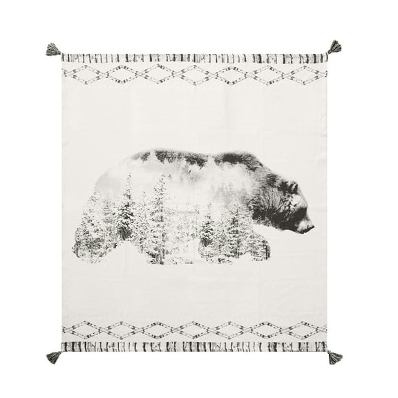 Bear in Forest Grayscale Printed 100% Cotton Throw Blanket w/ Tassels 50" x 60"