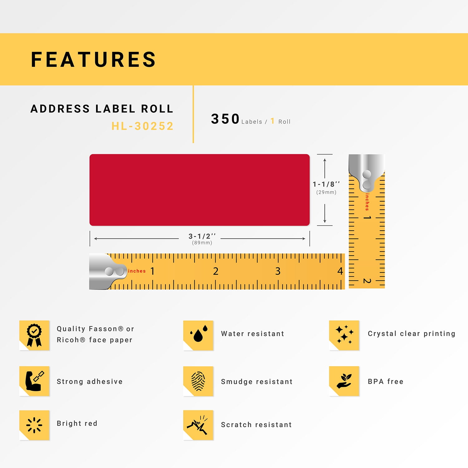 HOUSELABELS Compatible DYMO 30252 RD, BL, YL, GN Address Labels (1-1/8"x3-1/2"), strong permanent adhesive, compatible with DYMO LW 450, 4XL, Rollo & Zebra Desktop Printers, 100 Rolls /35000 Labels