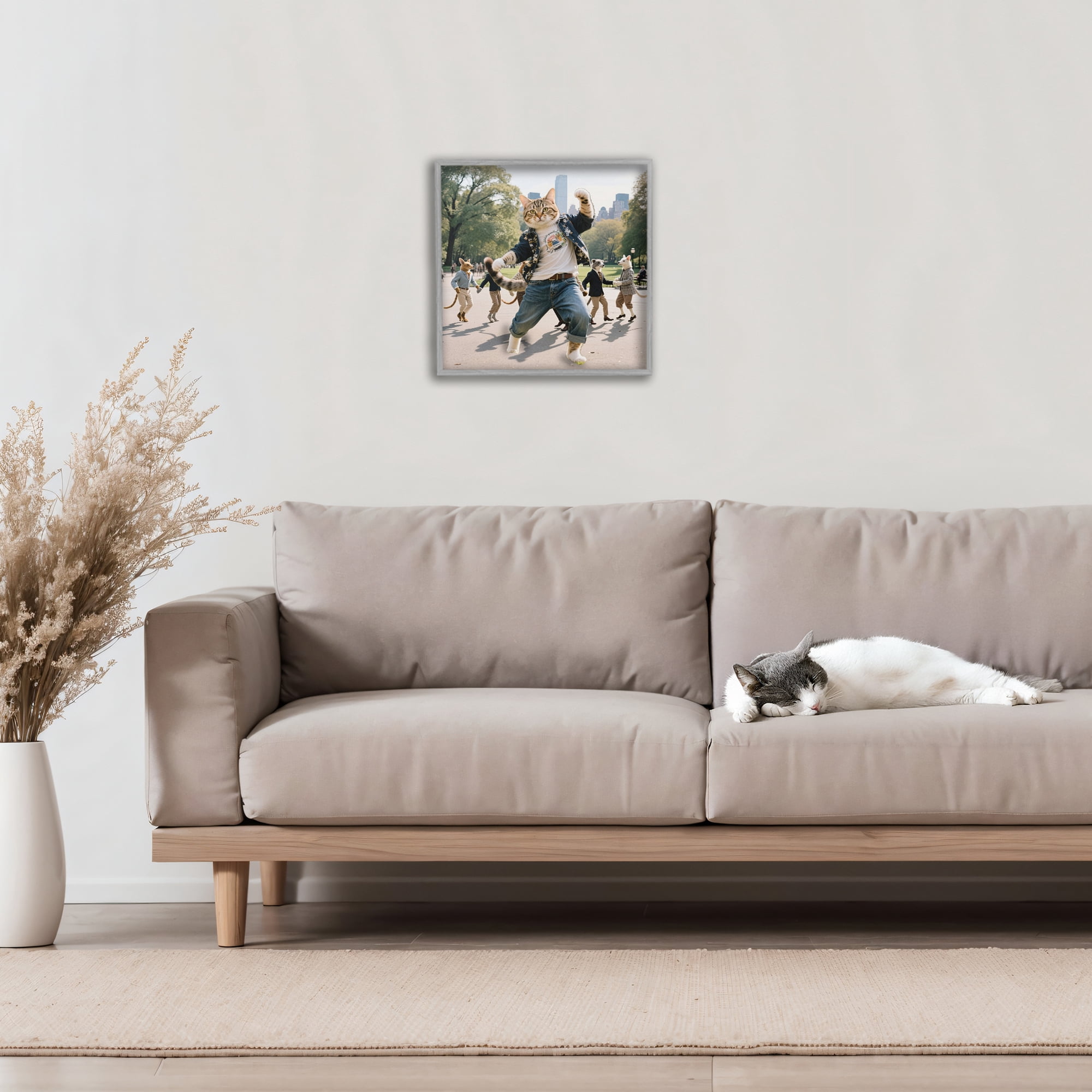 Stupell Industries Stylish Cat Dancing in Park Gray Framed Giclee Art, design by CAD Designs