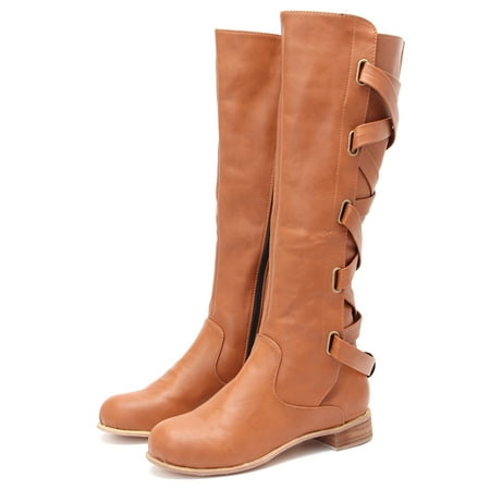 Meigar Women's Buckle Riding Knee High Cowboy Boots Shoes 13-14 inch Slim Calf