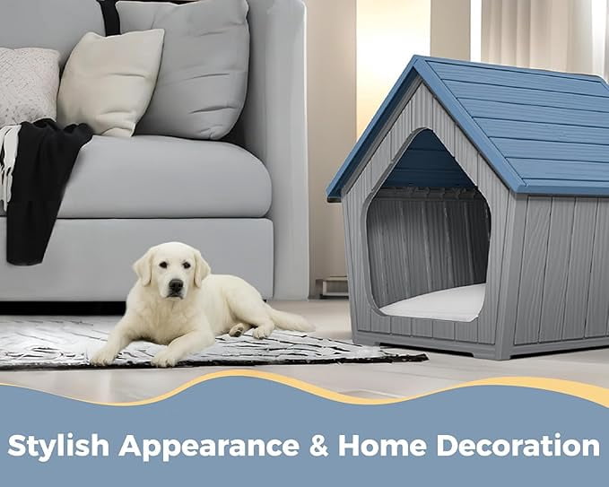 YOSADIER Dog House Indoor Outdoor Durable Resin Material Houses for Dogs Outside Weatherproof Cozy Small Dog Houses Pet Shelter for Patio, Porch, Living Room-Blue
