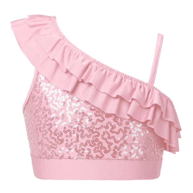 vastwit Girls Sequin Ruffled Ballet Dance Crop Top Performance Costume One Shoulder Modern Jazz Cami Tank Tops Pink 8