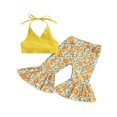 thumbnail image 1 of 2Pcs Toddler Baby Girl Summer Clothes Solid Ribbed Halter Crop Cami Top Floral Flared Pants Outfits Dark Brown 3-4 Years, 1 of 7