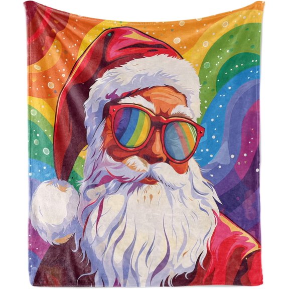 Kuscheln Christmas Throw Blanket, Xmas with Rainbow Colors Pride Theme Santa Claus with Sunglasses, Flannel Fleece Accent Piece Soft Couch Cover for Adults