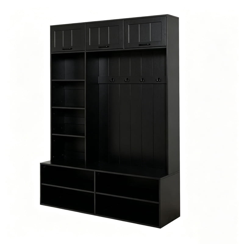 Farmhouse Hall Tree with Bench and Shoe Storage, 5-in-1 Entryway Bench with Coat Rack, Modern Entryway Storage Organizer Cabinet with 4 Hooks for Hallway, Entryway