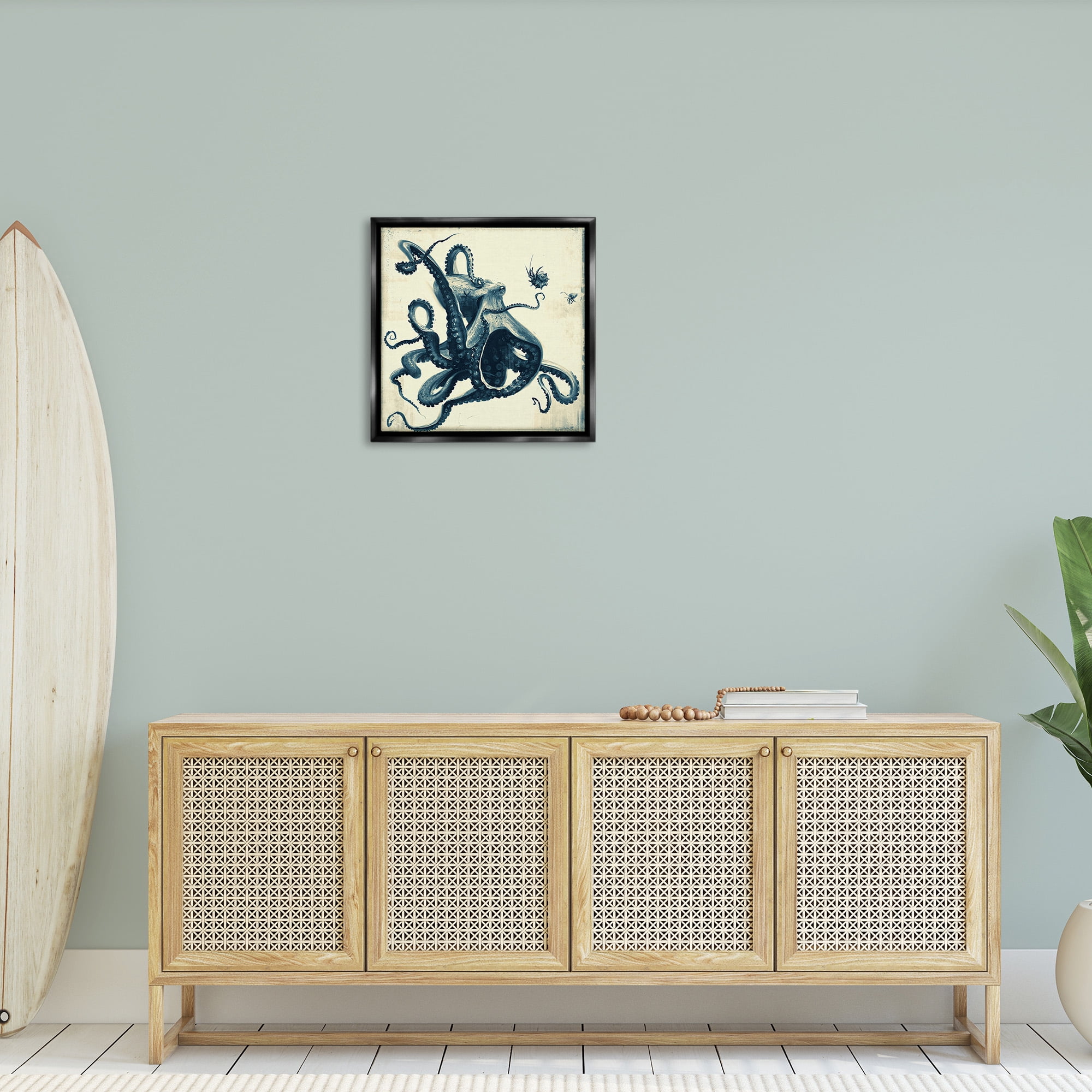 Stupell Industries Vintage Maritime Octopus Animals & Insects Painting Black Floater Framed Canvas Art Print Wall Art, 25 x 25
