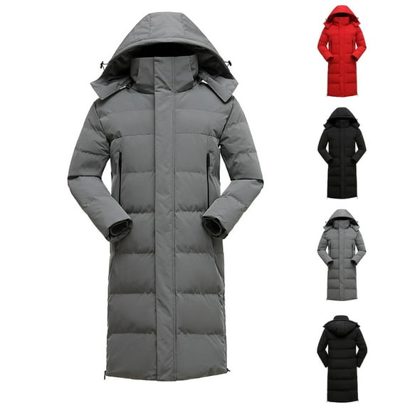 Xdegoge Plus Size Quilted Jacket for Men Long Drawstring Hooded Padded Coat Casual Loose Warm Jackets Fall Winter Cold Protection Sport Pocketed Outerwear with Removeable Hood