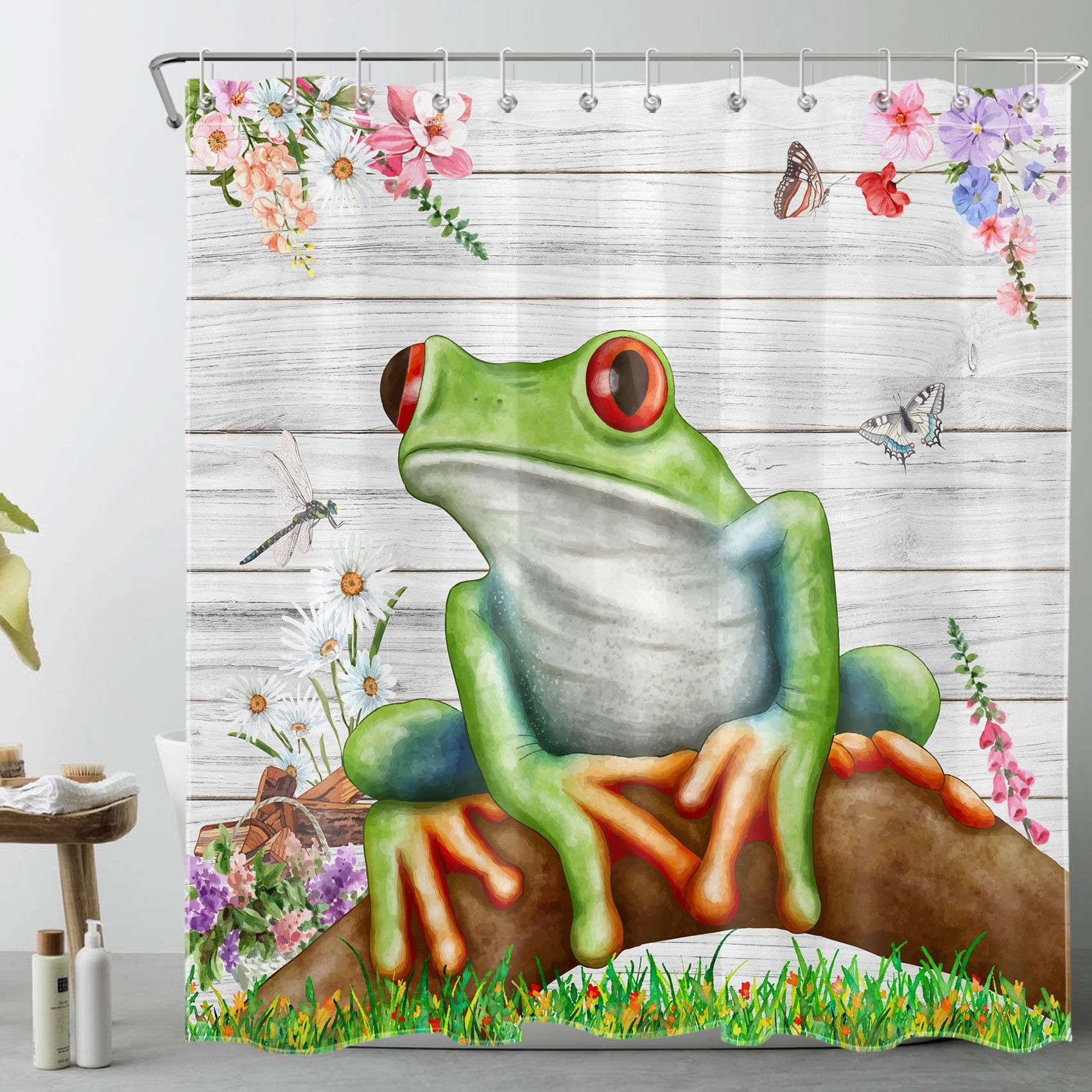 HVEST Frog Shower Curtain,Cute Animal Butterfly on Grey Wooden Board Bathroom Curtain,Colorful Botanical Floral Polyester Fabric Curtain with Hooks Bath Decor Accessories,70x69 Inches