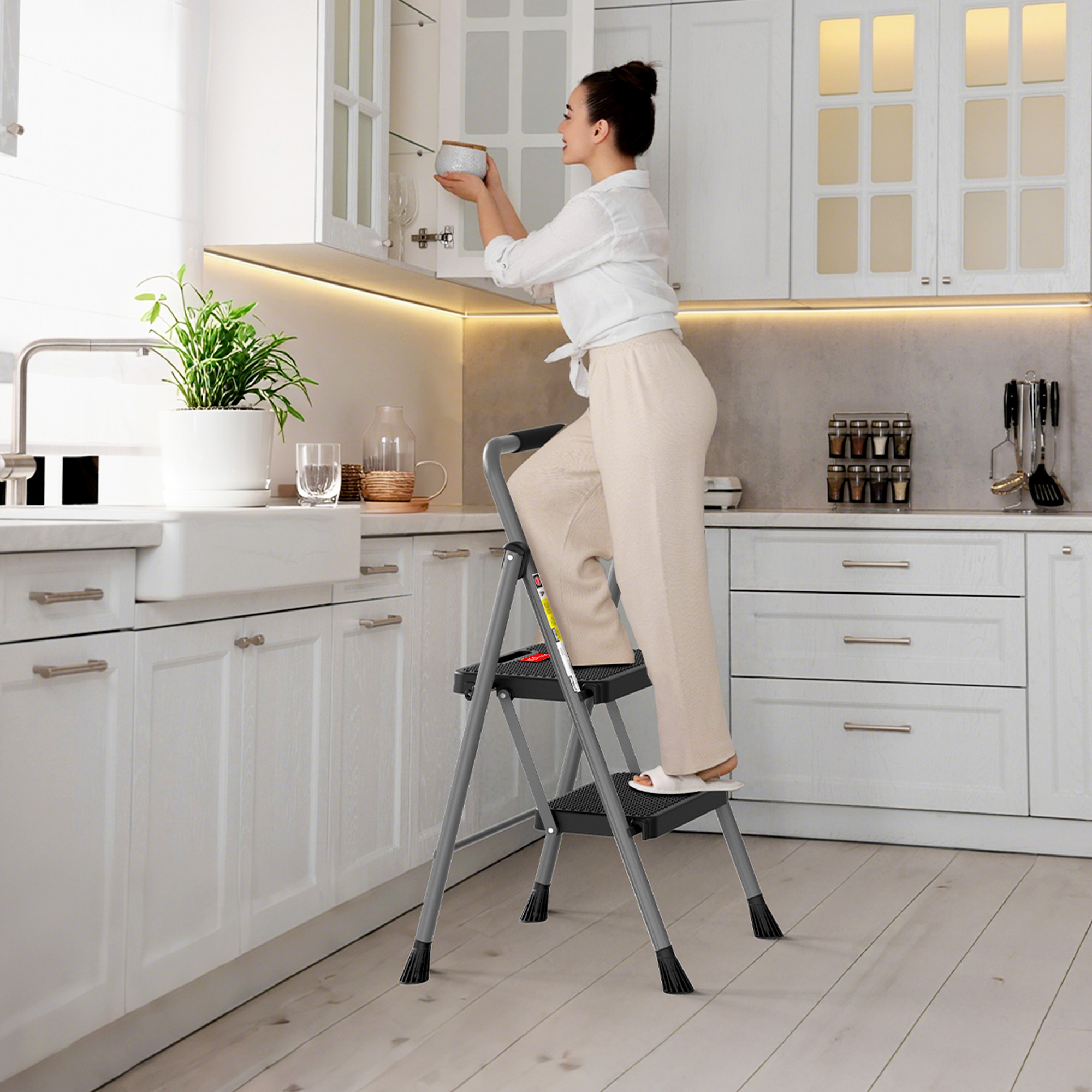 HBTower 2-Step Folding Ladder, 330 Lbs Capacity, Gray photo 5
