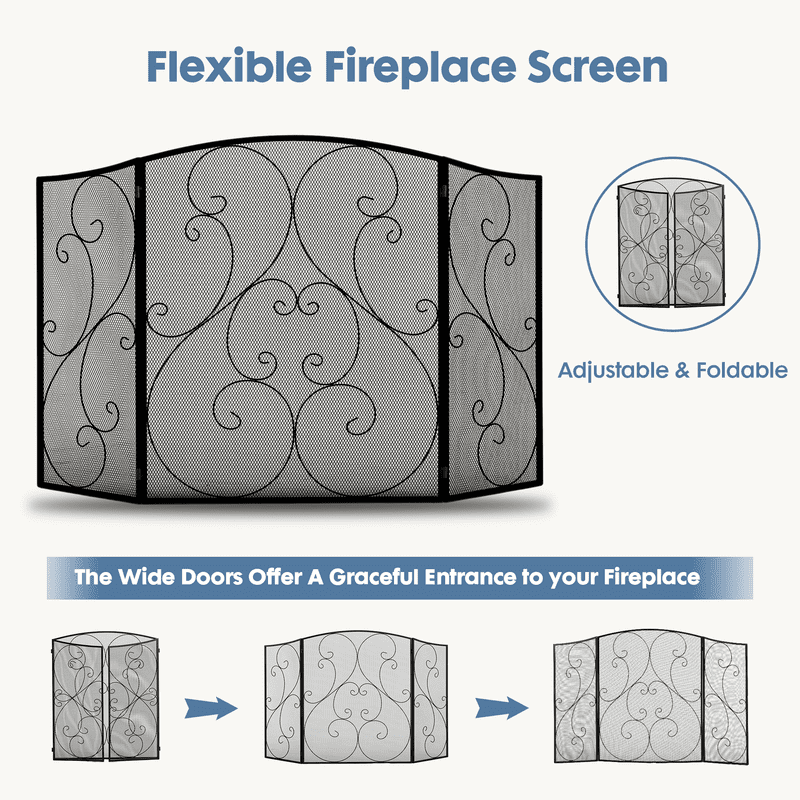 Gianna 51" Fireplace Screen with Hinged Doors, 3 Panel Spark Guard Cover, 30.7" H Wrought Iron Metal Safety Gate for Fireplace and Living Room, Black