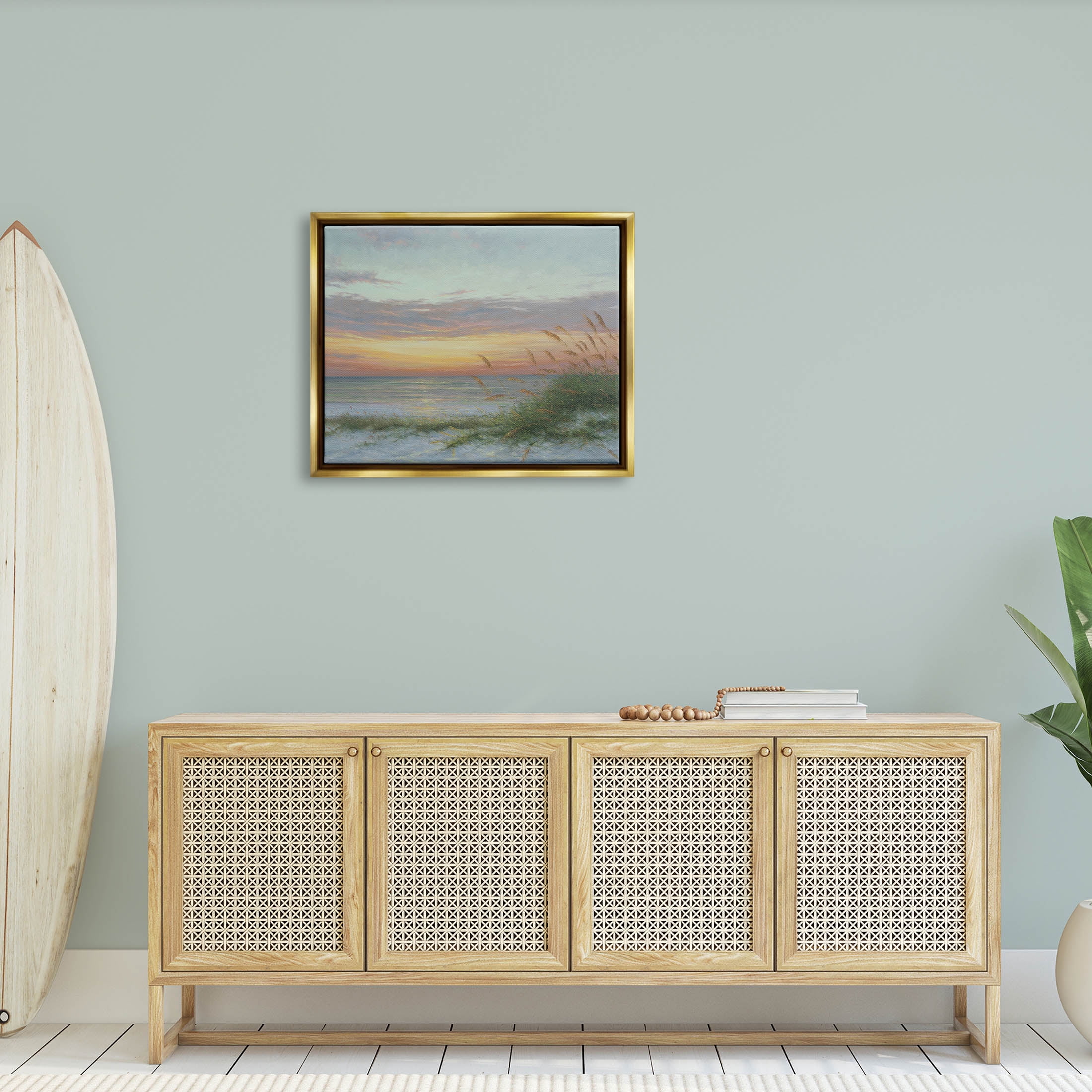 Coastal Beach Summer Sunset Landscape Painting Metallic Gold Framed Art Print Wall Art