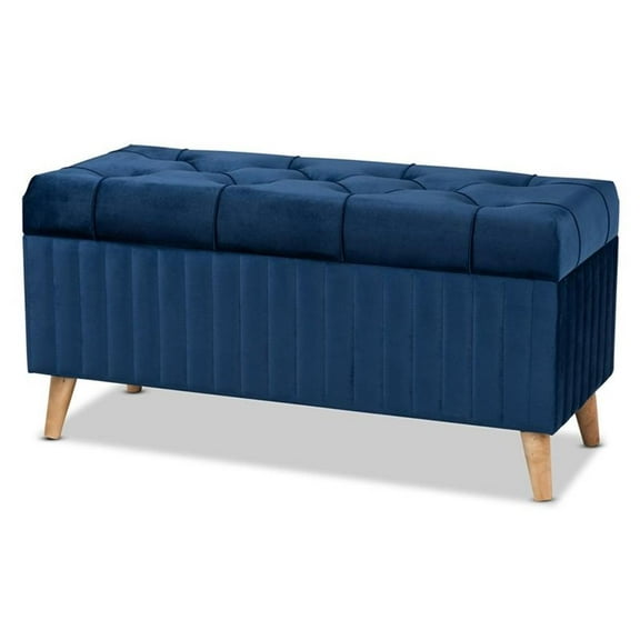 Bowery Hill Modern Blue Velvet Fabric and Brown Finished Wood Storage Ottoman