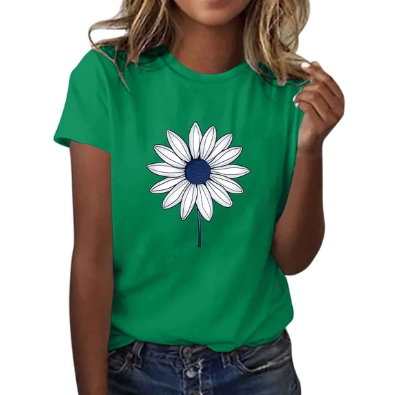 Sexlip Womens Short Sleeve Blouse Single Daisy With Line Print Crew Neck Loose Sleeve Soft Fabric Relaxed Silhouette for Daily Wear Green L