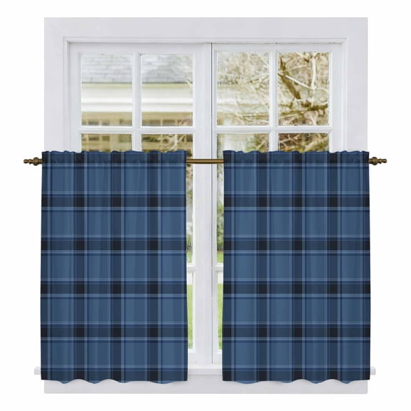 Navy Blue Plaid Kitchen Curtains 54 Inch Length, Farmhouse Classic Buffalo Checkered Tiers Curtains for Bathroom Bedroom Cafe, Light Filtering Small Window Treatment Short Drapes 2 Panels 42"Wx54"L