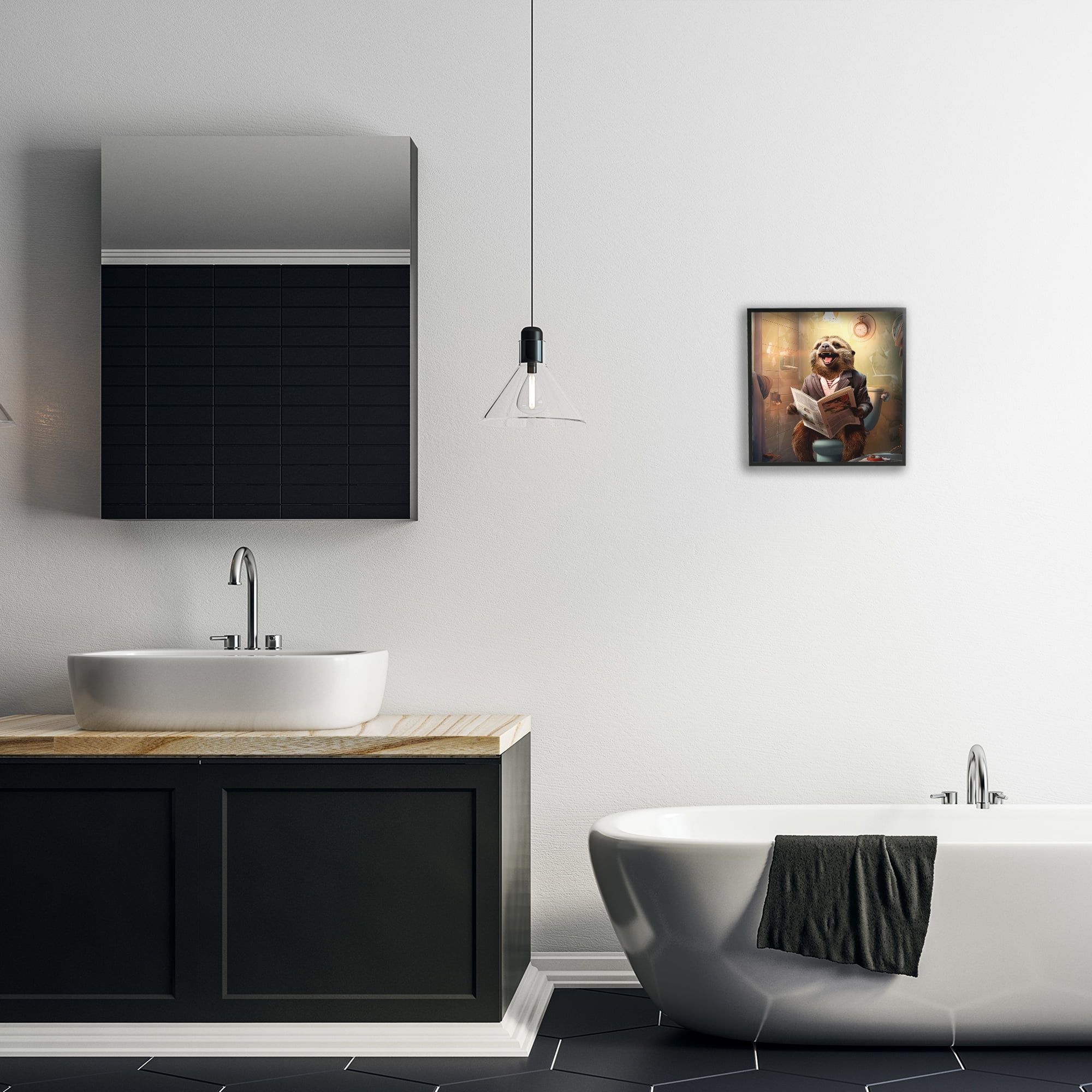 Stupell Industries Smiling Sloth on Toilet Typography Painting Black Framed Art Print Wall Art, 12 x 12