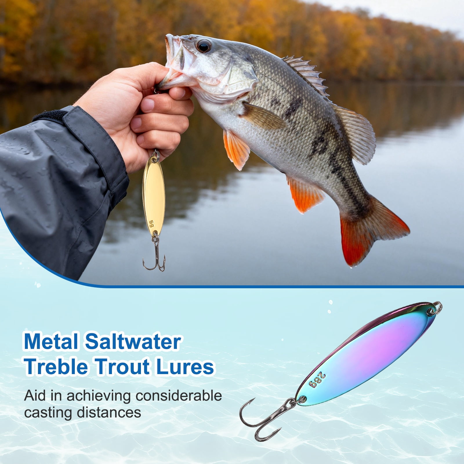 Uxcell Fishing Spoons Lures, Metal Saltwater Treble Trout Lures Jigging Spoon with Treble Hooks Casting Spinner Baits 10Pcs & 1 oz & Vibrant Colors - Fitting for (Freshwater/Salmon/Bass)