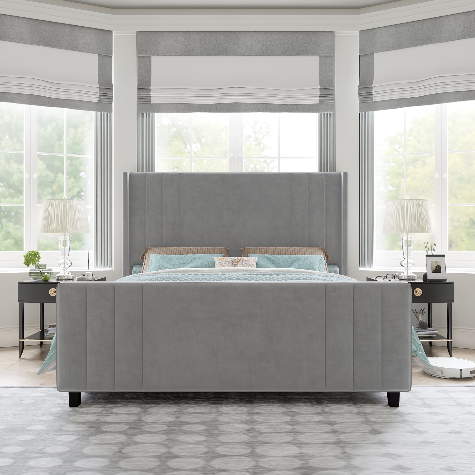 Amerlife King Size Bed Frame with Velvet Upholstery, Tufted Headboard and Footboard, Grey