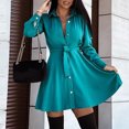 thumbnail image 7 of Honeeladyy Clearance under 5$ Women's Lace-up Pleated Dress Long Sleeve Mini T Shirt Dress Lapel Collar Button Flared Short Dresses Elegant Solid Dress Green, 7 of 7