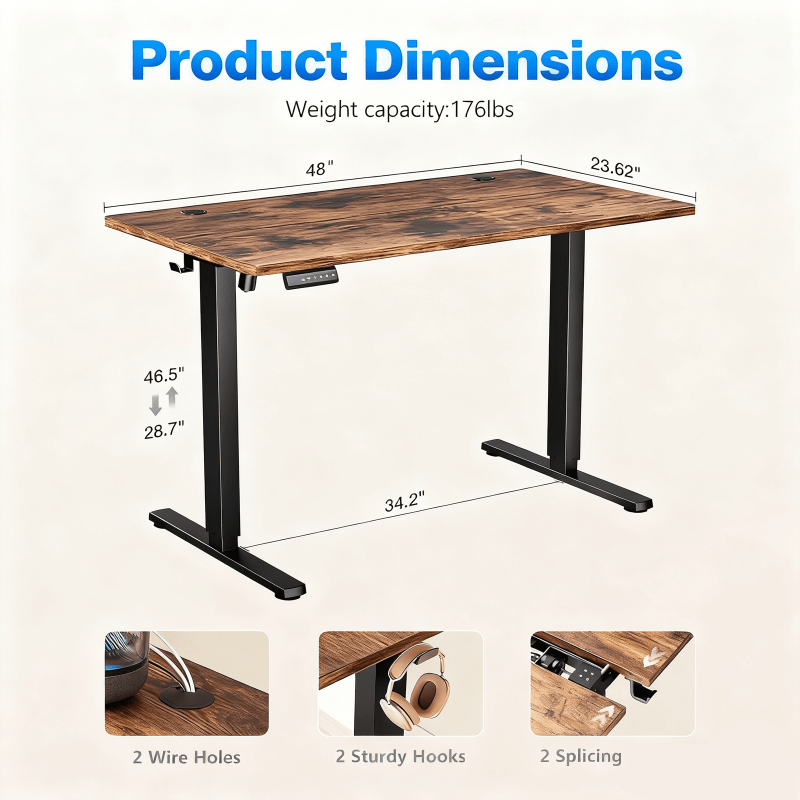 Electric Standing Desk 48x24 Inch - Height Adjustable Desk with Memory Presets, Rustic Brown