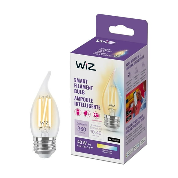 WiZ Clear 40W BA11 Tunable White Filament LED Smart Candle-Shaped Bulb - Pack of 1 - E26- Indoor - Connects to Your Existing Wi-Fi - Control with Voice or App - Matter Compatible
