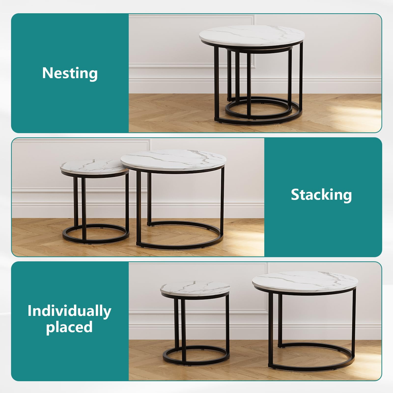 Semiocthome Modern Nesting Coffee Table Set,End Table for Living Room, 23.6" W, White,Marble Pattern