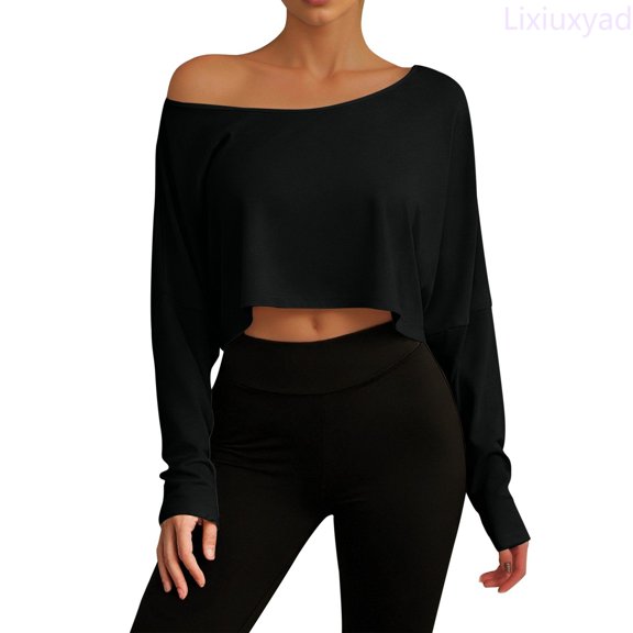 Lixiuxyad Women's One Shoulder Loose Fitting Long Sleeved T Shirt As A Base Layer Tshirts Trendy,Black L