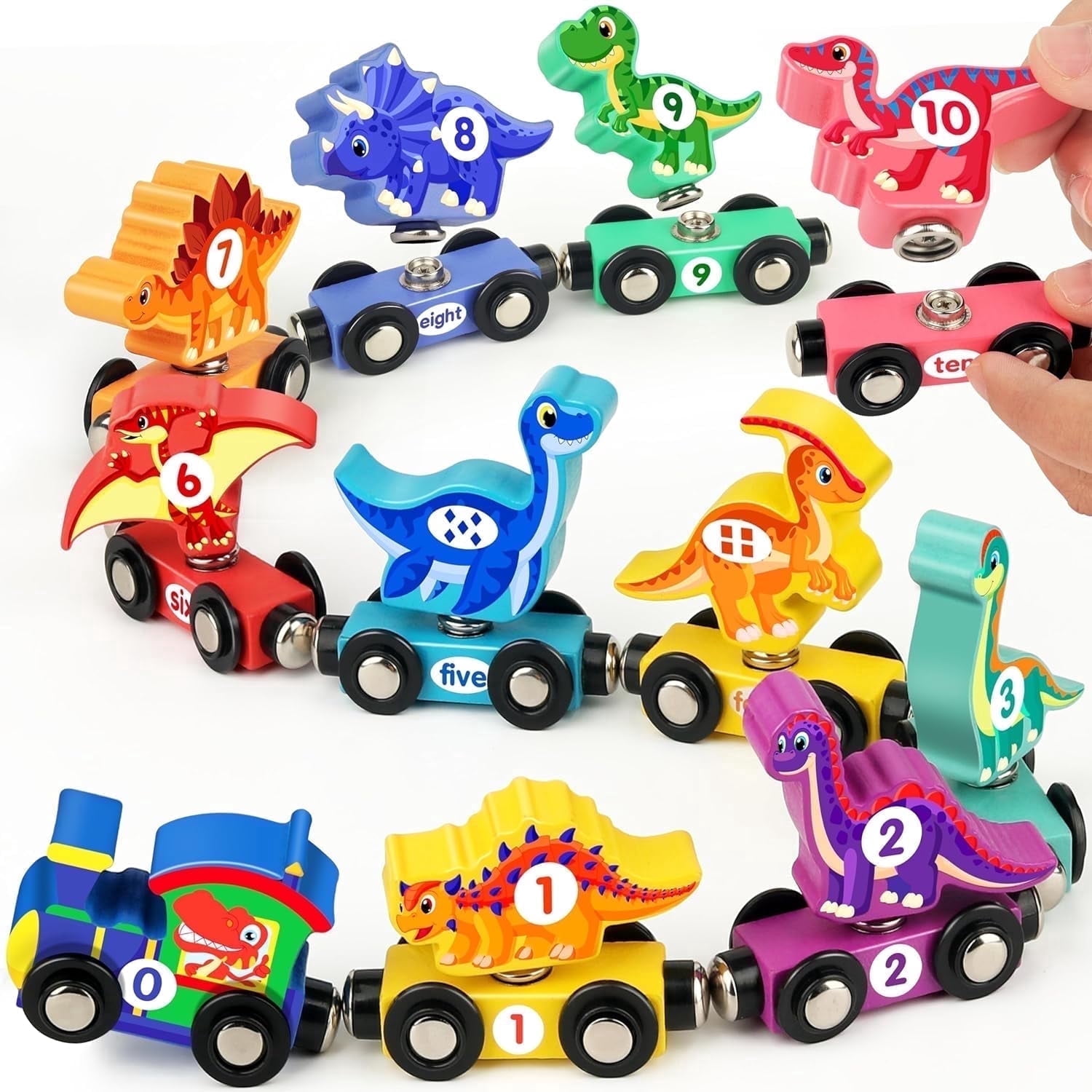Wooden Train Set with Dinosaurs Toys - Vanmor Toys for Toddlers,Educational Toddler Matching and Magnetic Number Train Learning Toys for Kids Ages 3-5. Montessori Gift for Boys and Girls，11PCS