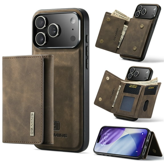 for iPhone 17 Pro Max PU Leather Wallet Case, Classic Detachable Magnetic Back Card Pockets Shockproof Protective Business Kickstand Phone Case Cover for iPhone 17 Pro Max, Coffee