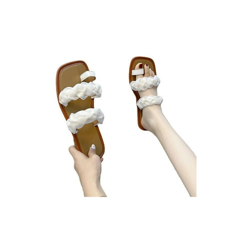 

Zodanni Ladies Slides Braided Slide Sandal Beach Flat Sandals Indoor&Outdoor Shoes Summer Comfort Slip On Flats Beige 7