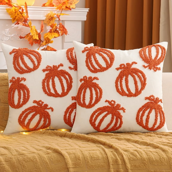 Tosleo Halloween Throw Pillow Covers 18x18 inch Set of 2 Halloween Orange Pumpkins Embroidered Pillow Cases Thanksgiving Home Party Pumpkin Fall Decor Pillowcases Square Cushion Covers