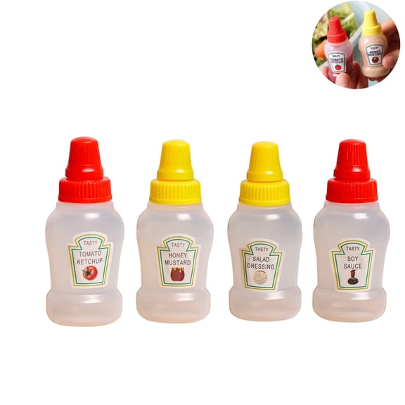 4 Pack Mini Condiment Squeeze Bottles, Portable Travel Sauce Containers, Small Plastic Leakproof Dressing Dispenser for Ketchup, Mustard, Soy Sauce, Salad Dressing, Outdoor Picnic Lunch Box