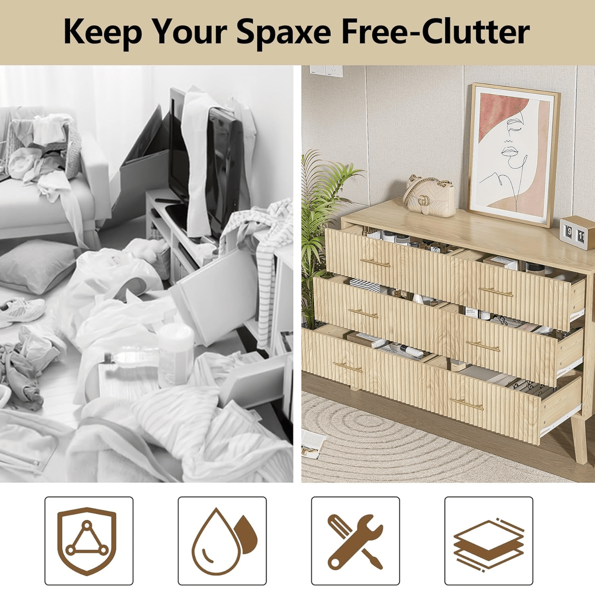 6 Drawer Dresser for Bedroom, 46.85" Wide Modern Wood Chest of Drawers with Fluted Design, Boho Dresser TV Stand for Closet, Living Room, Hallway