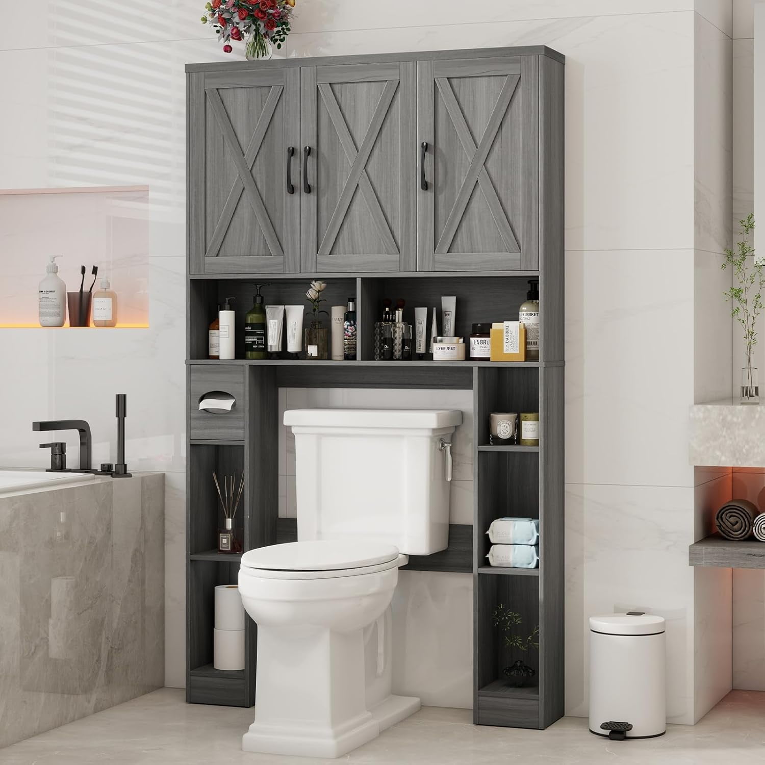 Vabches 67" Over The Toilet Storage Cabinet with Adjustable Shelf and Paper Holder, Freestanding Bathroom Storage Organizer with Open Storage Shelf