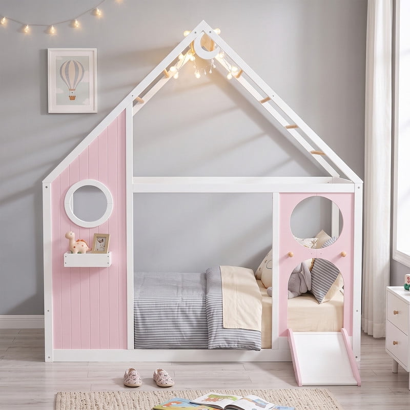 Twin Size Kids House Bed with Small Slide, Wooden Playhouse Floor Design Platform Bed Frame with Light Strip & Storage Shelf